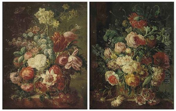 Roses, Parrot Tulips, Narcissi And Other Flowers In A Basket On A Stone Ledge (+ Roses, Morning Glory, Carnations And Other Flowers In A Basket On...; Pair) Oil Painting by Georgius van Os