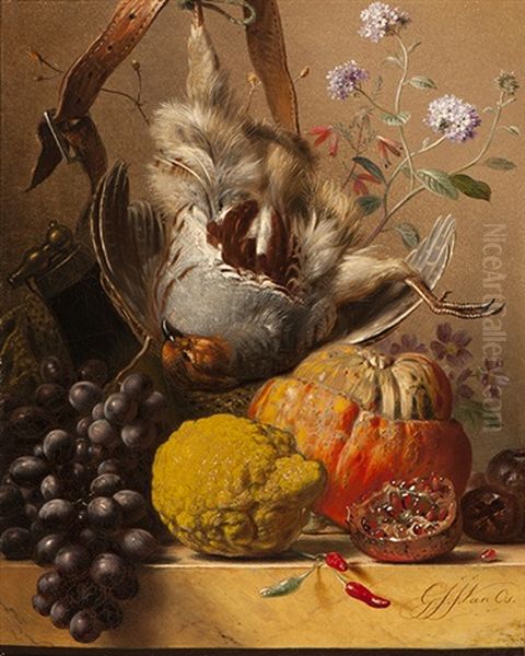 Still Life With Partridge On A Marbled Plinth, Surrounded By Flowers, Fruits And Hunting Gear Oil Painting by Georgius van Os
