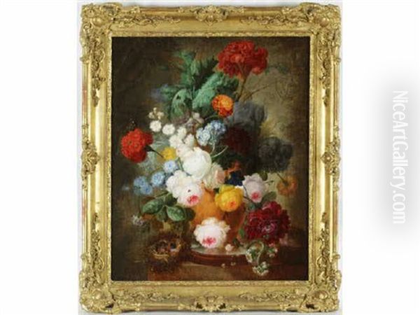 Nature Morte Au Bouquet De Fleurs, Oisillons, Papillon Et Insectes Sur Un Entablement Oil Painting by Georgius van Os