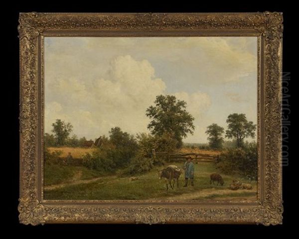 A Pastoral Landscape With A Herder, Donkey And Sheep Grazing, A Woman And Child Working The Fields Beyond Oil Painting by Georgius van Os