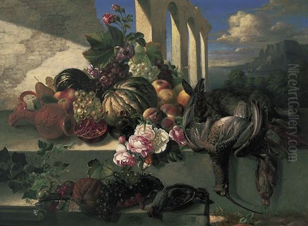 Stilleben Mit Fruchten, Erlegtem Wild Und Landschaft Oil Painting by Georgius van Os