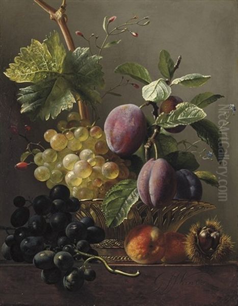 Grapes, Prunes, Peaches And A Chessnut On A Ledge Oil Painting by Georgius van Os