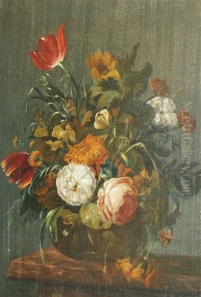 Still Life With Roses, Carnations, Tulips And Other Flowers On A Ledge Oil Painting by Georgius van Os
