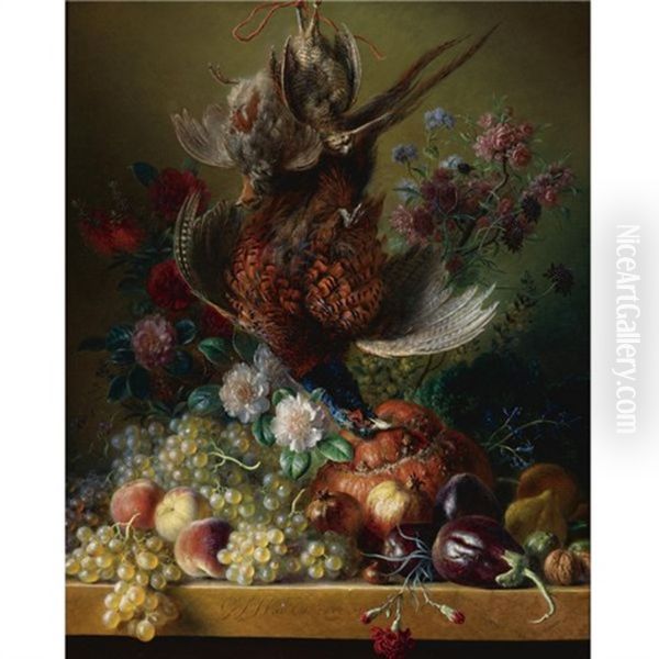 Still Life Of Flowers And Fruit With A Bird Oil Painting by Georgius van Os