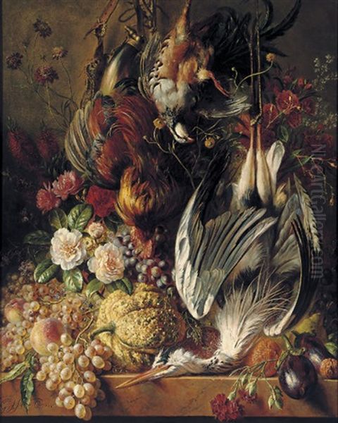 Flowers, Fruits And Poultry On A Ledge Oil Painting by Georgius van Os
