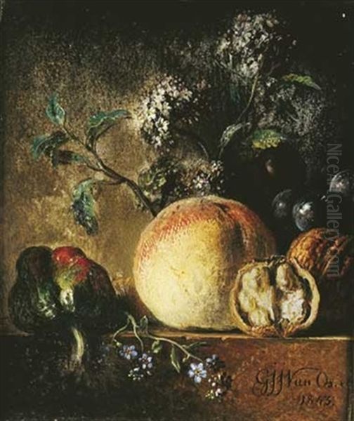 Nature Morte Aux Poivron, Peche Et Noix Sur Un Entablement Oil Painting by Georgius van Os
