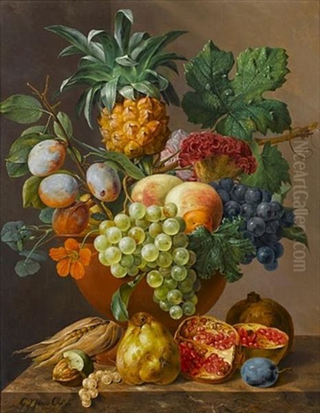 A Still Life With Mixed Fruit And Flowers On A Ledge Oil Painting by Georgius van Os