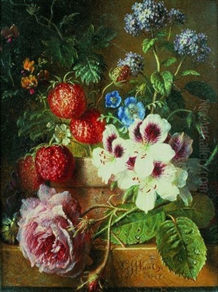 Nature Morte De Fleurs Et De Fraises Sur Un Entablement De Marbre Oil Painting by Georgius van Os