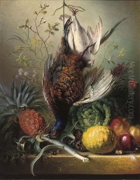 Game, Fruits, Flowers And A Hunting-horn On A Ledge Oil Painting by Georgius van Os