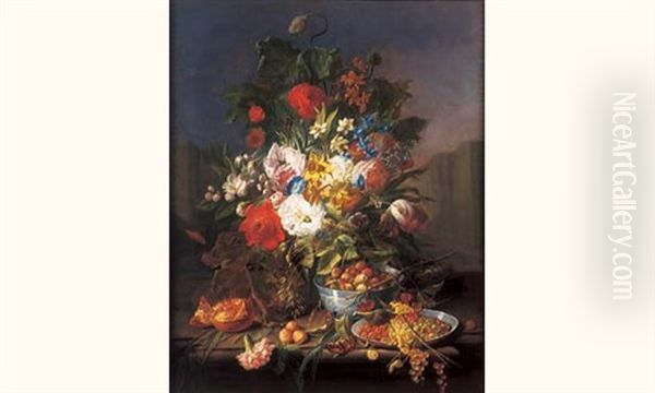 Nature Morte Aux Vases De Fleurs, Nid D'oiseaux Et Fruits Dans Des Coupes En Porcelaine De Chine Oil Painting by Georgius van Os