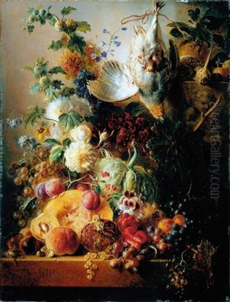 A Still Life Of Fruit Including Melons, Grapes, A Pomegranate, Plums And Peaches, Together With Nuts, Red Peppers, Flowers, A Snipe And A Partridge, All Upon A Ledge Oil Painting by Georgius van Os