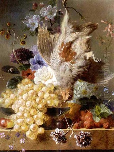 A Still Life With Flowers, Fruit And A Partridge Oil Painting by Georgius van Os