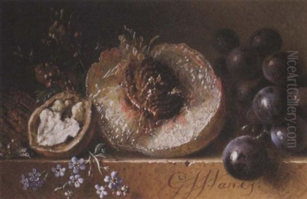 A Partridge, Prunes, Grapes, Walnuts And Flowers On A Ledge Oil Painting by Georgius van Os