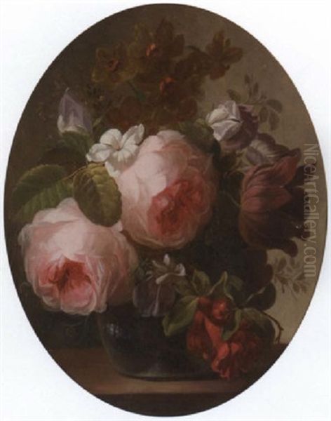 Roses, Jasmine, A Tulip And Other Flowers In A Glass Vase On A Ledge Oil Painting by Georgius van Os