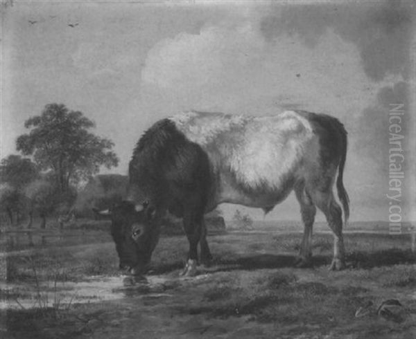 Zuchtbulle Auf Der Weide, Im Hintergrund Angler An Einem Fischteich Oil Painting by Georgius van Os