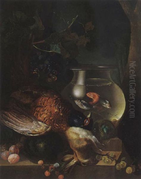 A Still Life Of A Fish Bowl, A Pheasant, A Hare And Fruits Oil Painting by Georgius van Os
