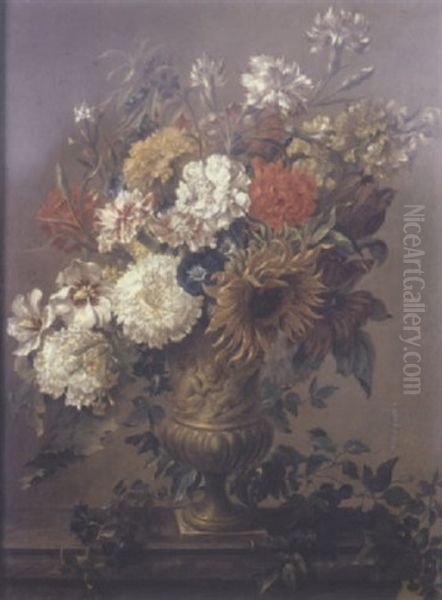 Flowers In An Urn With A Sculpted Relief Of Putti, On A Stone Ledge Oil Painting by Georgius van Os