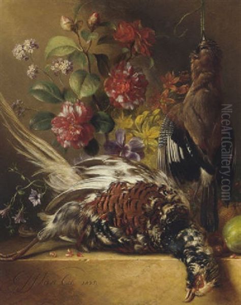 Dead Game, Morning Glory, Peonies, Narcissi, Roses And Other Flowers With Fruit And Nuts On A Ledge Oil Painting by Georgius van Os