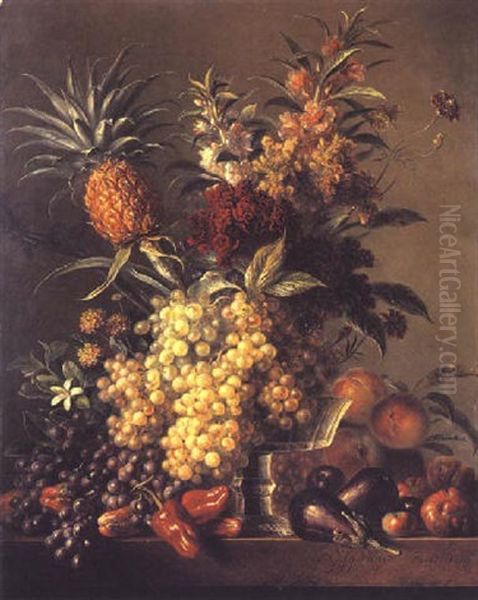 Still Life With Mixed Fruit, Flowers, Vegetables And A Glass Dish On A Marble Ledge Oil Painting by Georgius van Os