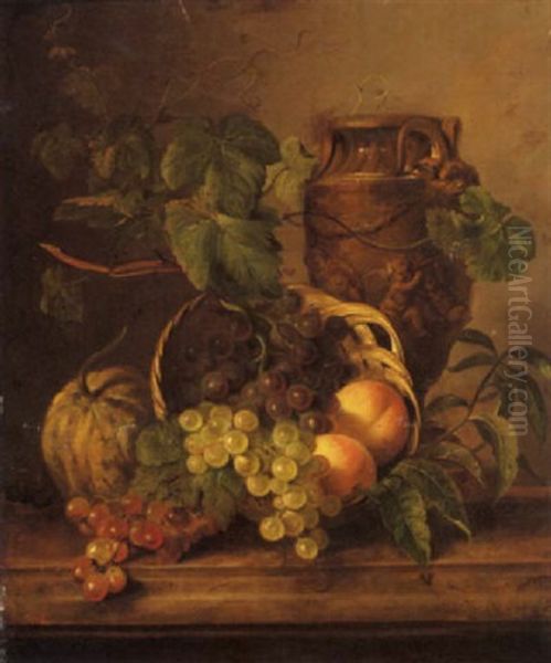 A Still Life With Peaches And Grapes In A Basket With An Urn Behind Oil Painting by Georgius van Os