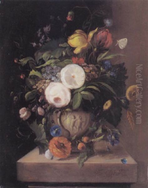 Blumenstilleben Mit Sommerblumen In Einer Vase, Die Auf Einem Steinsockel Steht Oil Painting by Georgius van Os