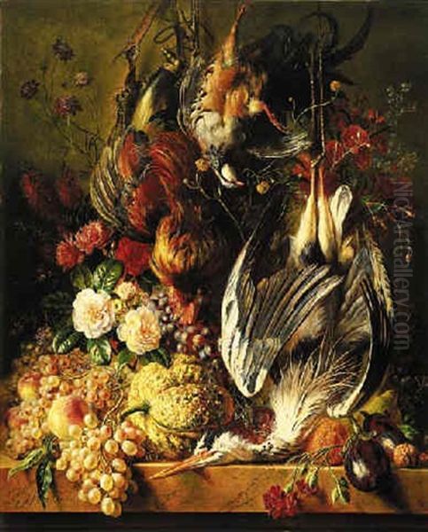 A Still Life Of A Heron, A Cockerel, A Partridge, Grapes, A Melon And Flowers On A Ledge Oil Painting by Georgius van Os