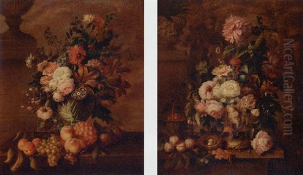 Roses, Carnations, Tulips And Other Flowers In An Urn With Fruit On A Ledge Oil Painting by Georgius van Os