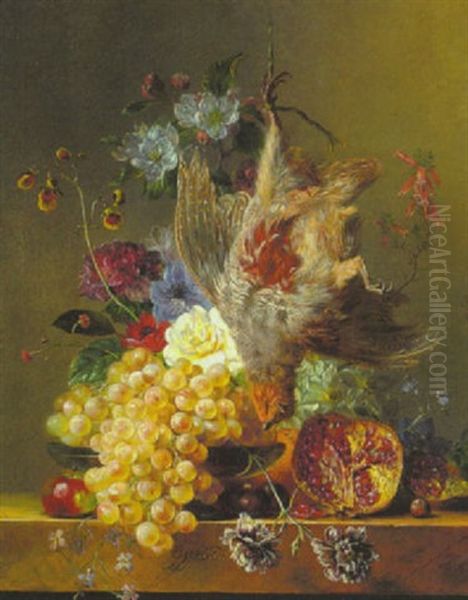 Stilleben Mit Fruchten, Blumen Und Einem Erlegten Rebhuhn In Einer Schale Auf Einem Marmortisch Oil Painting by Georgius van Os