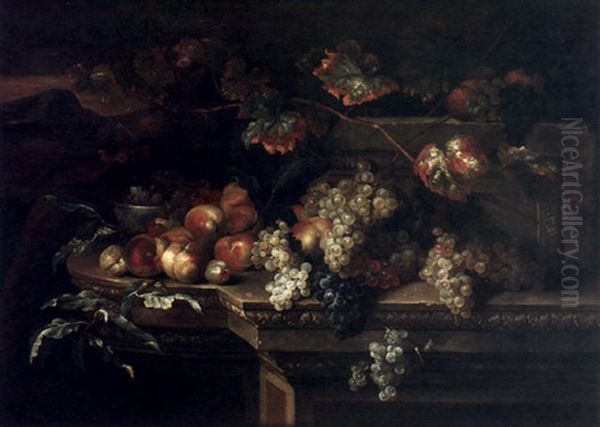 A Still Life With Peaches And Grapes On A Ledge In A Mountainous Landscape Beyond Oil Painting by Georgius van Os