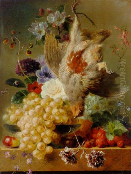 Grapes, Strawberries, Chestnuts, An Apple And Flowers With Game On A Marble Ledge Oil Painting by Georgius van Os
