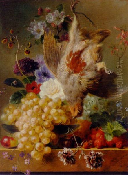 Grapes, Strawberries, Chestnuts, An Apple And Spring Flowers With Game On A Marble Ledge Oil Painting by Georgius van Os