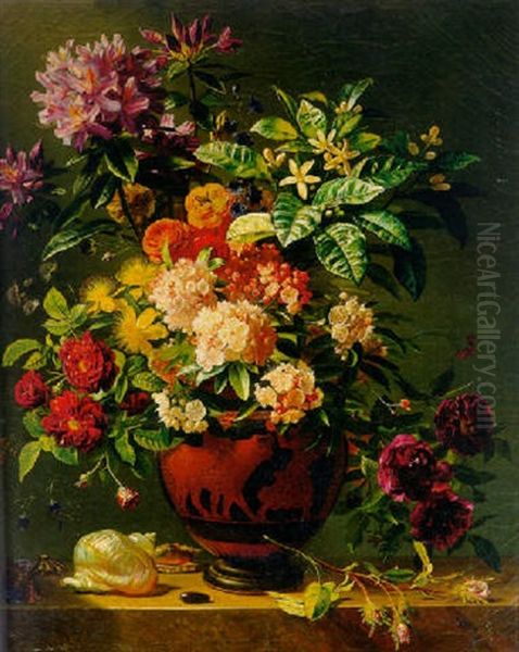 Kapitaal Bloemstuk: Flowers In A Greek Terracotta Vase With Shells On A Ledge Oil Painting by Georgius van Os