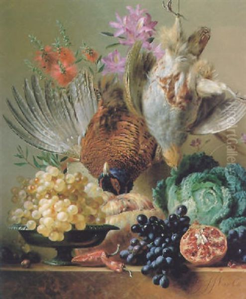 Still Life With Flowers, Fruit And Game On A Stone Ledge Oil Painting by Georgius van Os