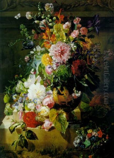 Still Life With Roses, Peonies And Other Flowers In A Greek Vase On A Stone Plinth Oil Painting by Georgius van Os