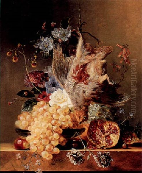 A Still Life With Fruit, Flowers And Poultry Oil Painting by Georgius van Os
