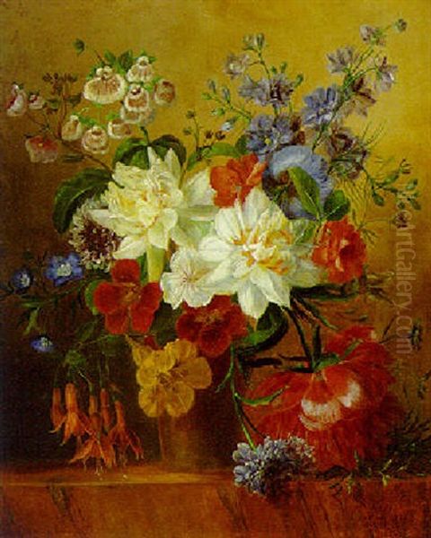 Narcissi, Larkspur, Nasturtiums And Other Flowers In A Vase Oil Painting by Georgius van Os