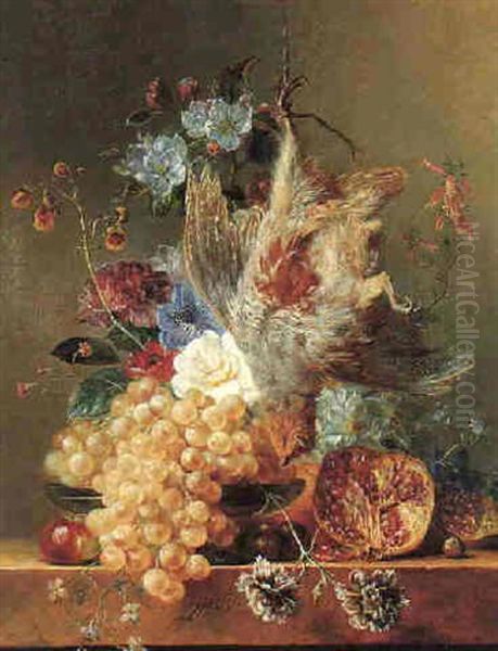 Still Life Of A Partidge Suspended Above A Stone Ledge With Flowers & Fruit Oil Painting by Georgius van Os