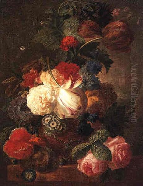 A Still Life Of A Poppy, Tulips, Roses, A Hyacinth, Convolvulus And Other Flowers In A Terracotta Vase Beside A Bird's Nest On A Marble Ledge, A Wooded Landscape Beyond Oil Painting by Georgius van Os