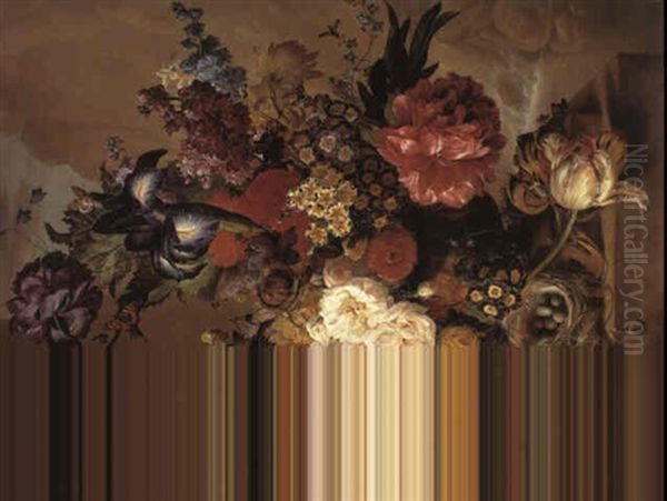 Poppies And Other Flowers In A Vase On A Plinth Before A Waterfall Oil Painting by Georgius van Os