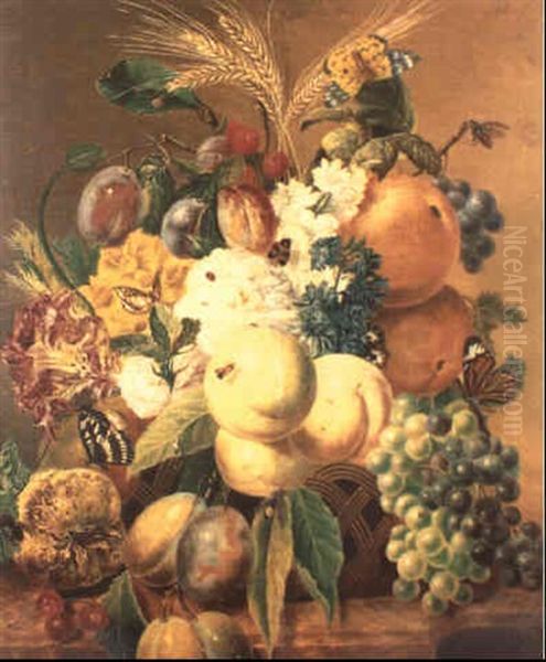 Still Life Of Fruit And Flowers In Wicker Basket On Ledge Oil Painting by Georgius van Os