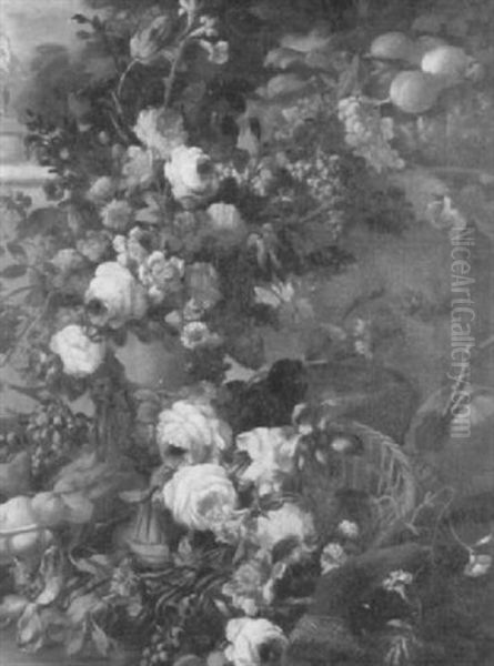 Mixed Flowers In A Vase, With Flowers A Dish Of Fruit And A Basket On A Ledge Oil Painting by Georgius van Os