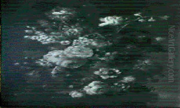 Peonies, Tulips, Delphiniums And Other Flowers In A Bowl On A Ledge Oil Painting by Georgius van Os