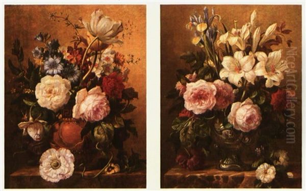 Still Life Of Summer Flowers; A Pair Of Paintings Oil Painting by Georgius van Os