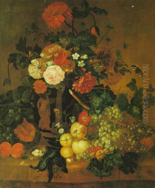 Flowers In A Red Figure Vase With A Pomegranate, A Melon, A Bird's Nest, Raspberries, Peaches, Plums, Gooseberries Oil Painting by Georgius van Os