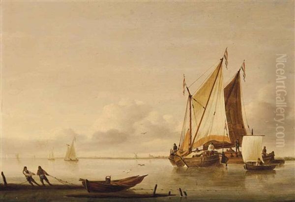 Shipping In Calm Waters With Fishermen Pulling In A Boat Oil Painting by Jan van Os
