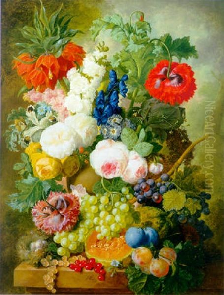 Roses, Poppies, A Crown Imperial Lily And Other Flowers In A Terracotta Vase, With Grapes, Plums, A Melon And A Birds' Nest Oil Painting by Jan van Os