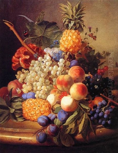 Still Life Of Grapes, Peaches, Plums And A Pineapple All Resting On A Marble Table Oil Painting by Jan van Os