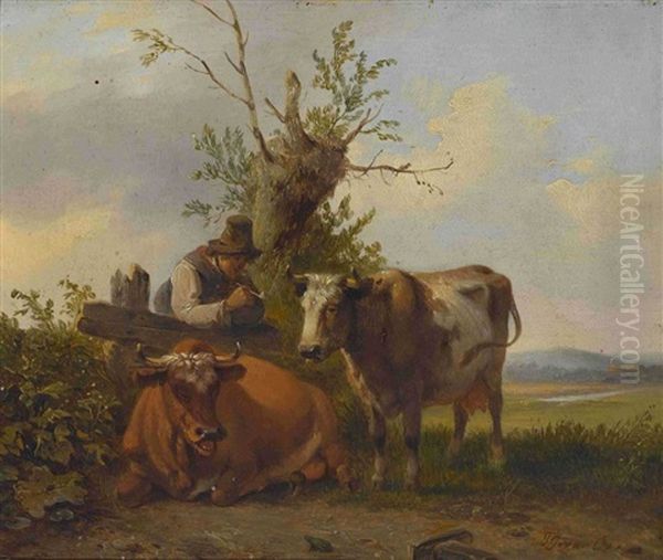 Rastender Hirte Mit Zwei Kuhen Am Gatter Oil Painting by Pieter Gerardus Van Os
