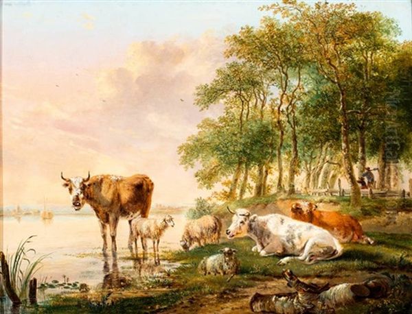 Rustend Vee Aan Een Rivieroever Oil Painting by Pieter Gerardus Van Os