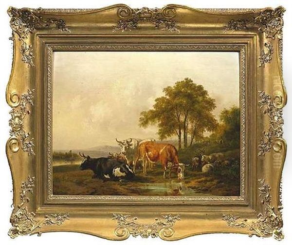 Rinder Und Schafe In Sommerlicher Fluslandschaft Oil Painting by Pieter Gerardus Van Os